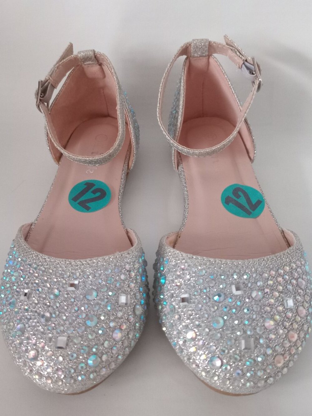 Girls Sparkly Rhinestone Dress Shoes Ankle Strap Flats Silver Glitter Sz 12